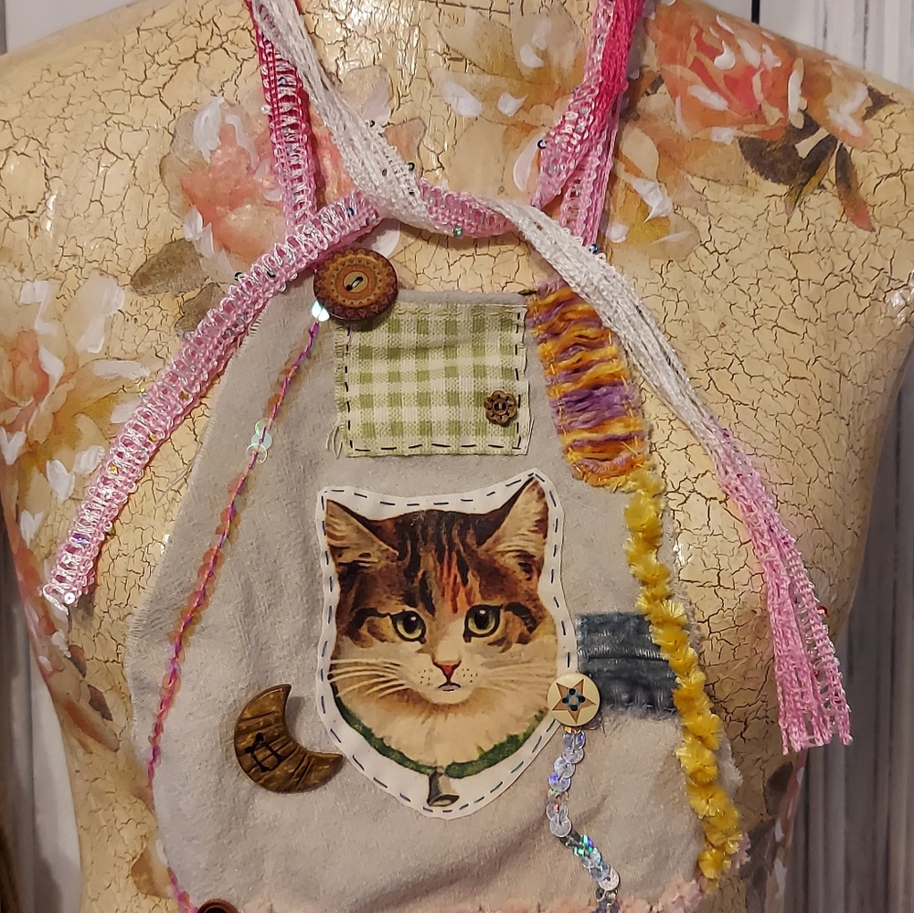 JABOT Handmade NECK ADORNMENT Kitten Patch Crushed velvet ONE OF A KIND - Picture 6 of 10